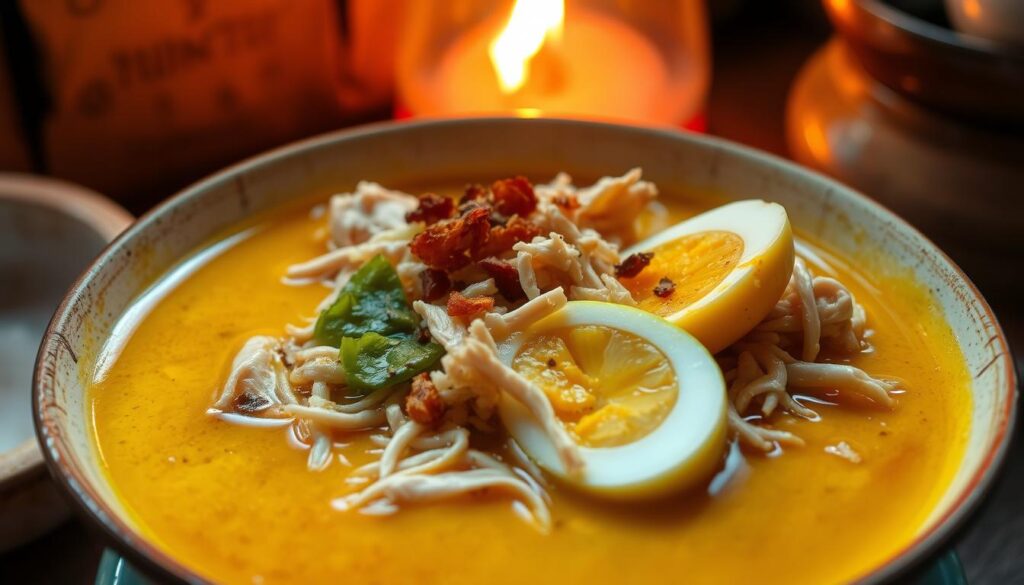 A bowl of aromatic soto ayam Bangkong, a savory chicken soup with a unique flavor profile. The broth, simmered with turmeric, lemongrass, and fragrant spices, is topped with tender shredded chicken, boiled eggs, crunchy fried shallots, and a squeeze of fresh lime. The scene is set against a cozy, rustic backdrop, with warm lighting casting a gentle glow over the vibrant yellow-orange hues of the soup. The overall atmosphere evokes a sense of comfort and authenticity, reflecting the long-standing culinary traditions of the local community.