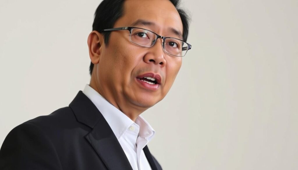 A close-up portrait of Dasco Ahmad, the spokesman for the Gerindra political party, set against a clean, minimalist background. Dasco is shown in a formal, professional pose, making a serious expression as he delivers an official statement. The lighting is soft and evenly distributed, creating a calm, authoritative atmosphere. The image is captured with a medium-range lens, allowing Dasco's face and upper body to fill the frame while providing some context around him. The overall mood is one of transparency and credibility, reflecting the "official clarification" conveyed in the section title.
