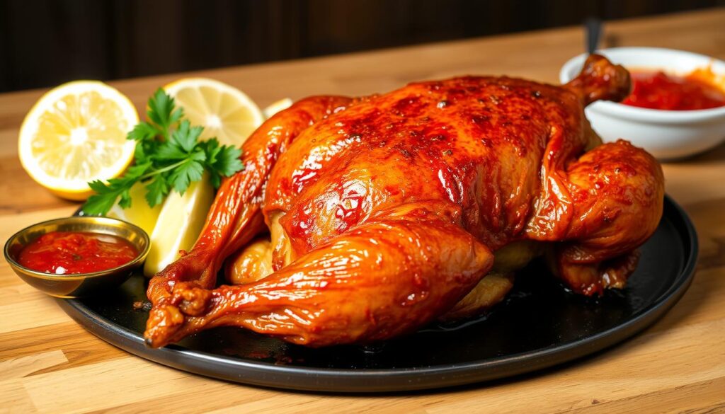 A crisp, golden-brown whole duck nestled on a wooden table, glistening with succulent juices. Its crispy skin invites a closer look, revealing tender, flavorful meat. The dish is garnished with fresh lemon wedges, fragrant herbs, and a side of spicy chili sauce, creating a harmonious balance of flavors. Soft, diffused lighting accentuates the appetizing scene, capturing the essence of the famous "Bebek Goreng Pak Thori" dish. The image exudes an atmosphere of authentic, homemade Indonesian cuisine, ready to be savored by eager diners.