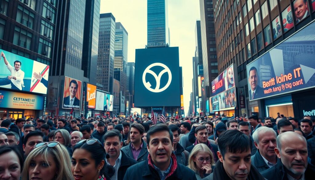 A crowded city street, bustling with people reacting to a dramatic change in a prominent political symbol. In the foreground, a diverse group of citizens engaged in passionate debate, their expressions ranging from outrage to intrigue. Mid-ground, a large digital billboard displays the new symbol, casting an eerie glow across the scene. In the background, towering skyscrapers and neon-lit storefronts create an urban landscape charged with energy and anticipation. The lighting is a mix of warm natural tones and cool, artificial illumination, creating a striking contrast. Captured with a wide-angle lens to convey the scale and complexity of the public response.