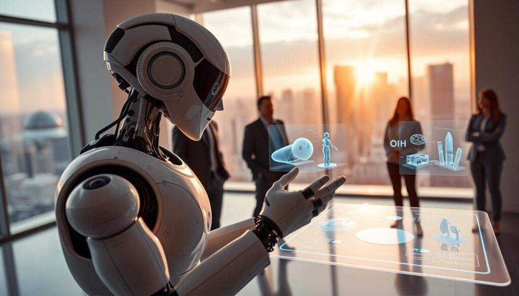 A futuristic AI agent working autonomously in a sleek, modern creative studio. In the foreground, a humanoid robot with sophisticated design and advanced technology actively interacts with a holographic interface displaying stunning digital art and interactive 3D models. In the middle, a diverse team of professionals in business attire observes, showcasing collaboration between humans and AI. The background features large windows revealing a vibrant cityscape bathed in warm, golden hour light, symbolizing innovation. The atmosphere conveys excitement and creativity, highlighting the synergy of generative AI and human creativity. The scene is captured from a low angle to emphasize the robot's stature and advanced capabilities, with soft, diffused lighting enhancing the futuristic vibe.