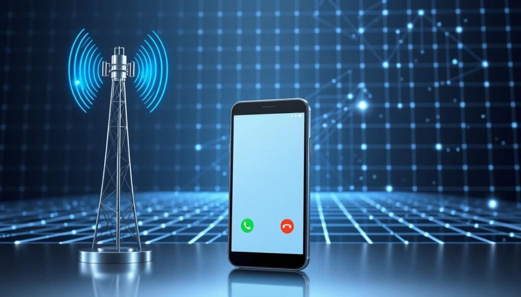 A futuristic digital illustration depicting the concept of "voice LTE" (VoLTE). Set in a sleek, metallic environment, the foreground features a stylized 5G cellular antenna tower emitting waves of data and energy. In the middle ground, a smooth, minimalist smartphone with a high-resolution display showcases a clean, modern voice call interface. The background is filled with a dynamic, holographic grid representing the advanced LTE network infrastructure. The overall scene conveys a sense of technological sophistication, speed, and clarity - reflecting the capabilities of modern voice communication services.