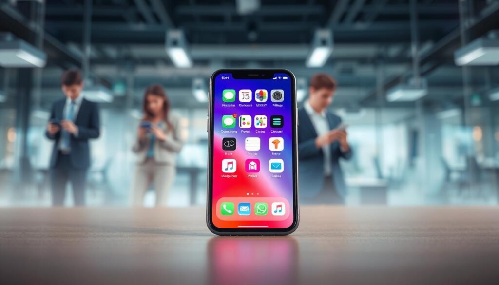 A modern iPhone displaying a collection of popular communication applications on its screen, set against a sleek, tech-inspired background. The iPhone, featuring a vibrant, high-resolution display, is positioned at a slight angle to showcase the app icons clearly. In the foreground, soft, diffused lighting highlights the device’s glass surface, creating a professional and polished ambiance. The mid-ground features a blurred office environment, with professionals shown in the background using their devices to communicate, dressed in smart business attire, inspiring a sense of connectivity and interaction. The overall mood is dynamic and engaging, reflecting the importance of communication apps in daily life. No overlays or text are present.