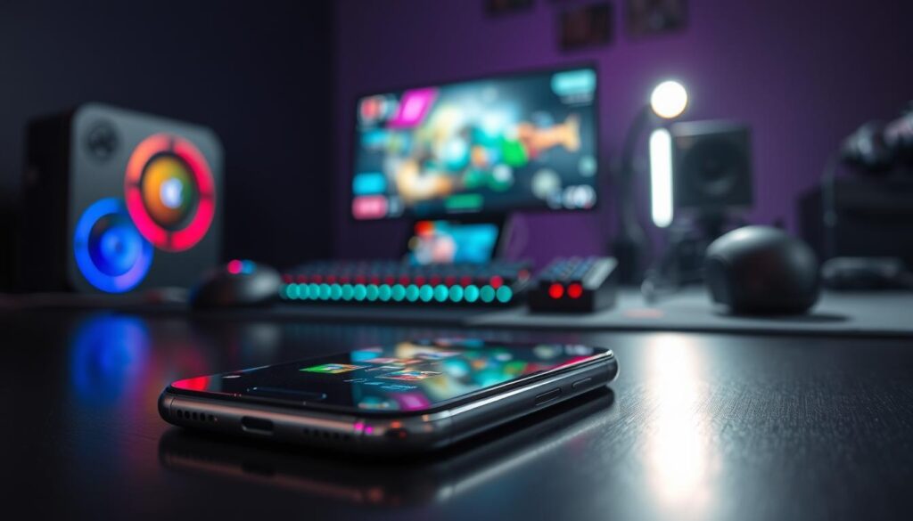 A sleek modern iPhone displaying vibrant gaming applications on its screen, emphasizing the latest gaming chip technology, surrounded by an engaging digital interface with colorful game graphics. In the foreground, the iPhone rests on a stylish gaming desk, with subtle reflections of the screen illuminating its sleek metallic body. The middle layer features a blurred view of an energetic gaming setup, with RGB lighting and high-tech peripherals like a gaming mouse and keyboard. In the background, a dark room with soft ambient lighting enhances the atmosphere of an immersive gaming experience. The overall mood is dynamic and futuristic, showcasing innovation in mobile gaming.