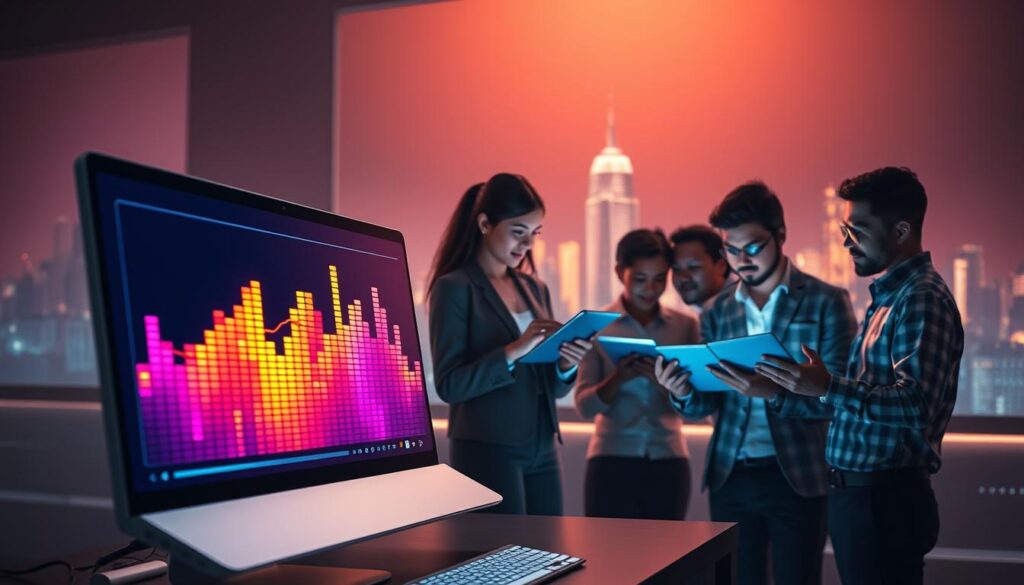 A vibrant scene illustrating the concept of generative AI in audio and music. In the foreground, a sleek computer with a visual equalizer displaying colorful sound waves emanating from it, symbolizing AI-generated music. The middle ground features a diverse group of professionals, including a woman in smart casual attire and a man in business attire, collaborating over digital tablets, deep in discussion about music technology. In the background, futuristic cityscape silhouettes provide an ambient atmosphere, illuminated by soft neon light. The overall mood is innovative and inspiring, highlighting creativity and technology merging in harmony. Soft, diffused lighting enhances the futuristic feel, with a focus on the interaction between people and digital audio elements.