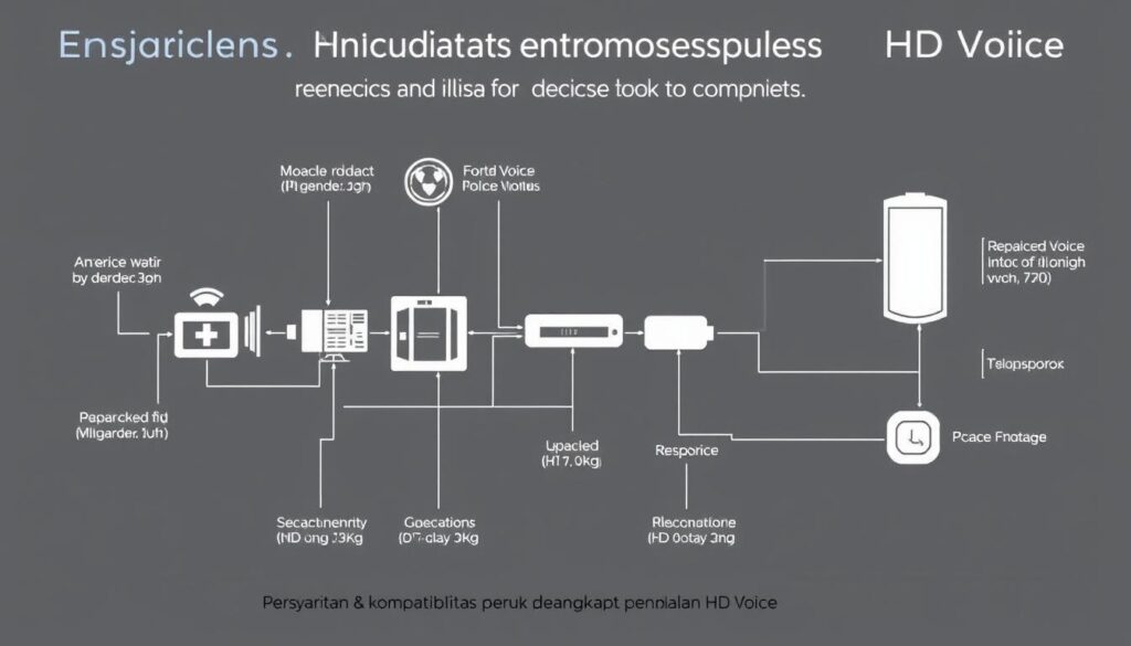 requirements device codec, a detailed diagram showcasing various hardware components and technical specifications necessary for seamless HD Voice functionality, captured in a clean, technical illustration style with muted colors, precise technical labeling, and an overall minimalist aesthetic to best suit the informational needs of the article's "Persyaratan & kompatibilitas perangkat untuk pengalaman HD Voice" section
