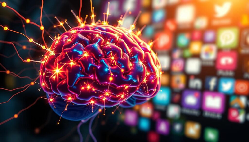 A brain composed of intricate digital circuits and glowing neurons, representing the reward mechanism in a social media context. In the foreground, focus on vibrant, interconnected synapses sparking with energy, symbolizing the engagement from social media notifications. The middle ground features a stylized digital interface with icons mimicking social media platforms, emanating beams of light towards the brain. In the background, a blurred out, abstract representation of a social media feed, with bright colors creating a sense of overwhelming stimulation. The lighting is dramatic, with highlights illuminating the brain to emphasize its importance. Capture a mood of fascination mixed with a hint of caution, reflecting the addictive nature of social media interactions.
