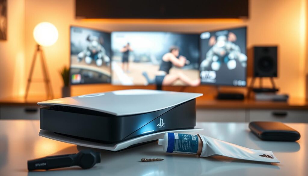 A close-up view of a PlayStation 5 console, specifically the model CFI-1402, situated on a clean, modern gaming desk. The foreground features detailed visuals of the console’s sleek design, with some small electronic tools such as a screwdriver and a thermal paste tube for the troubleshooting theme. In the middle, there’s a softly glowing light emanating from the console’s vent area to illustrate coil whine. The background includes a contemporary gaming setup with a large monitor displaying gaming graphics, minimalistic decor, and ambient warm lighting creating a focus on the PS5. The atmosphere is informative and technical, aiming to convey a sense of professionalism and clarity in troubleshooting. Lighting should be bright yet soft to highlight the details without harsh shadows.