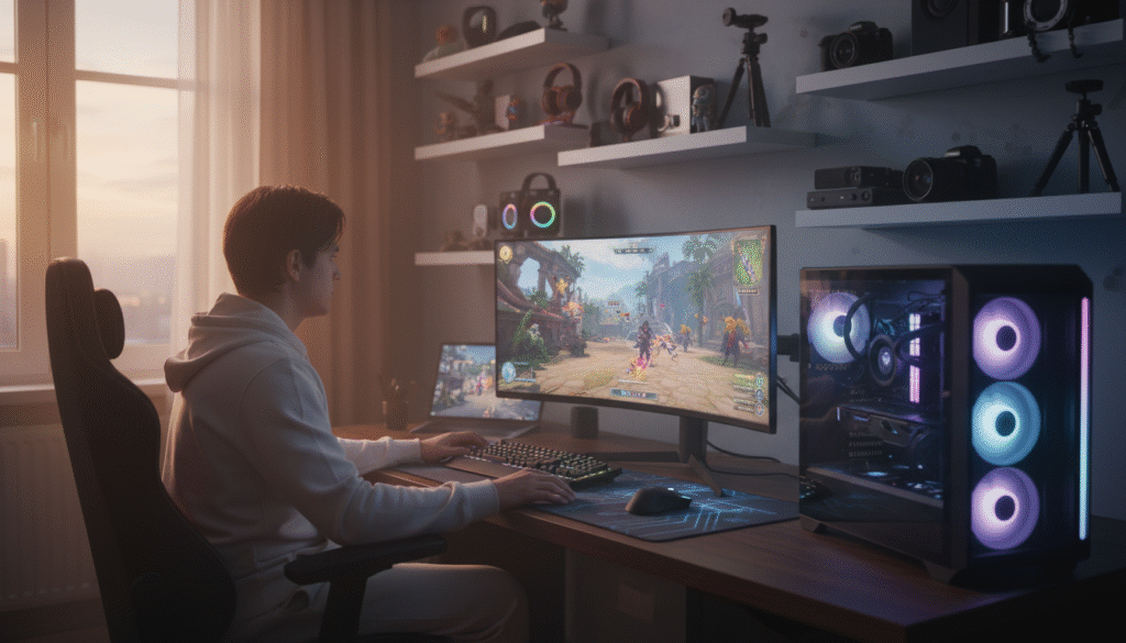 A cozy gaming setup in an inviting, well-lit room during dusk. In the foreground, a sleek, modern gaming PC with RGB lights glowing, showcasing high-quality components. A gamer, wearing comfortable casual attire, is focused on playing an immersive video game on a large, curved monitor. In the middle, a vibrant display of in-game graphics illuminates the player's face, reflecting skillful gameplay. The background features shelves lined with gaming accessories and photography equipment, highlighting a passion for both gaming and photography. Soft, warm lighting creates a relaxed atmosphere, and a slight bokeh effect blurs the background, emphasizing the smooth gaming experience. The overall mood is energetic yet serene, showcasing the harmony of gaming performance and optimal file system efficiency.