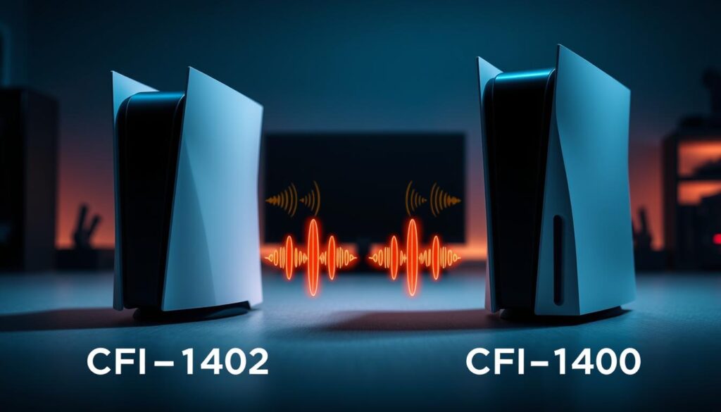 A detailed comparison image showcasing the differences in coil whine between the PS5 model CFI-1402 and CFI-1400. In the foreground, display two PS5 consoles, one representing each model side by side, highlighting subtle design variations such as vent placement and size. The middle ground features an illustrative representation of sound waves emanating from both consoles, with visual effects to distinguish the intensity of the coil whine. In the background, a soft gradient reminiscent of a gaming ambiance, with dim, moody lighting to create focus on the consoles. Use a shallow depth of field to emphasize the products while softly blurring the background. The atmosphere should evoke a sense of technical comparison and gaming culture, appealing to enthusiasts and curious gamers alike.