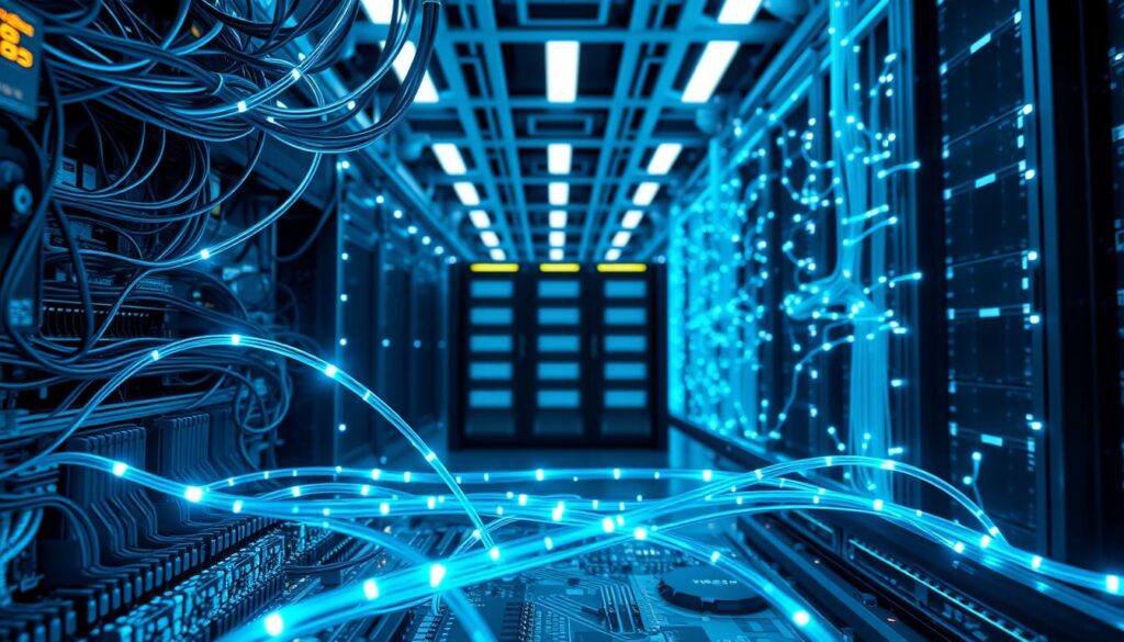 A detailed representation of a supercomputer network architecture, highlighting the Slingshot 11 interconnect technology. In the foreground, intricate circuit boards and cables interconnect with glowing fiber optic strands to symbolize high-speed data transfer. The middle ground features a sleek, futuristic data center with rows of high-performance servers, all illuminated by soft, blue LED lighting. In the background, an abstract visualization of data flow patterns creates a sense of depth and complexity, showcasing the differences between Slingshot 11 and conventional Ethernet. Use a wide-angle lens perspective for a comprehensive view, capturing both technical intricacies and the ambiance of advanced technology. The mood should be innovative and cutting-edge, reflecting the essence of next-gen computing architecture.