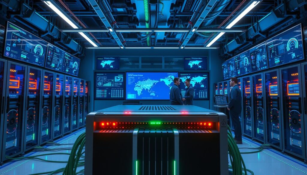 A futuristic supercomputer network setup, showcasing the implementation of Slingshot 11 technology in a modern data center. In the foreground, a sleek, advanced supercomputer with illuminated panels and blinking lights, surrounded by servers connected with vibrant, glowing cables symbolizing high-speed interconnectivity. In the middle, technicians in professional business attire are overseeing the network infrastructure, analyzing data on digital screens showcasing performance metrics. The background features wall-mounted displays revealing vast data visualizations and global connection maps, with a cool blue and green lighting scheme creating a tech-savvy atmosphere. The scene captures the essence of cutting-edge technology and high-performance networking in a cohesive, dynamic workspace.