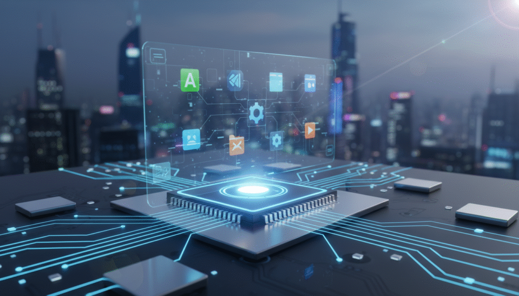 A modern, digital representation of an advanced flash memory file system, showcasing the structure of F2FS optimized for Android devices. In the foreground, a sleek, abstract circuit board with glowing data pathways, symbolizing high-speed data access and efficiency. The middle layer features an overlay of virtual app icons and file representations, hinting at data management. The background displays a blurred image of a futuristic cityscape, symbolizing progress and technology. Soft, cool lighting from the bottom right adds a dynamic atmosphere, while a slight lens flare emphasizes innovation. The image conveys a mood of sophistication, illustrating the benefits and risks associated with modern file systems in a vibrant, tech-centric environment.
