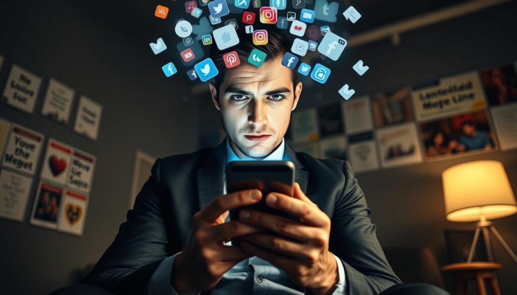 A visually striking scene depicting the signs and symptoms of digital addiction. In the foreground, a young professional man, dressed in smart casual attire, sits absorbed in his smartphone, with a look of anxiety on his face. His body language is tense, shoulders hunched, surrounded by a clutter of notifications and social media icons hovering above him like a cloud. In the middle ground, a dimly lit room with faint blue light from the screen illuminates his face, contrasting with the shadows creating a somber atmosphere. In the background, a wall filled with motivational posters seems lost and forgotten, symbolizing the disconnect from real-life engagement. The lens captures a close-up focus on the man's expressions, emphasizing the isolating effect of social media, conveying a mood of urgency and reflection on the consequences of digital dependency.