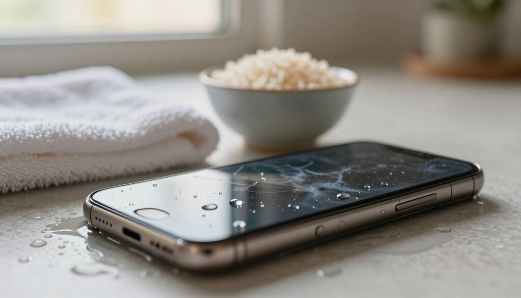A close-up image of a smartphone partially submerged in water, with droplets glistening on its surface, reflecting light. In the foreground, the phone is the main focus, showcasing visible water damage on the screen and casing. The middle layer features a towel and a small bowl of rice, symbolizing effective drying methods placed beside the phone, hinting at the article's theme. The background is softly blurred, suggesting a cozy indoor setting, illuminated by warm, natural light filtering through a window. The overall atmosphere is calm and informative, aimed at conveying a sense of hope for restoring the phone. The composition captures the tension between the water damage and the proactive drying solutions, creating an engaging visual narrative.