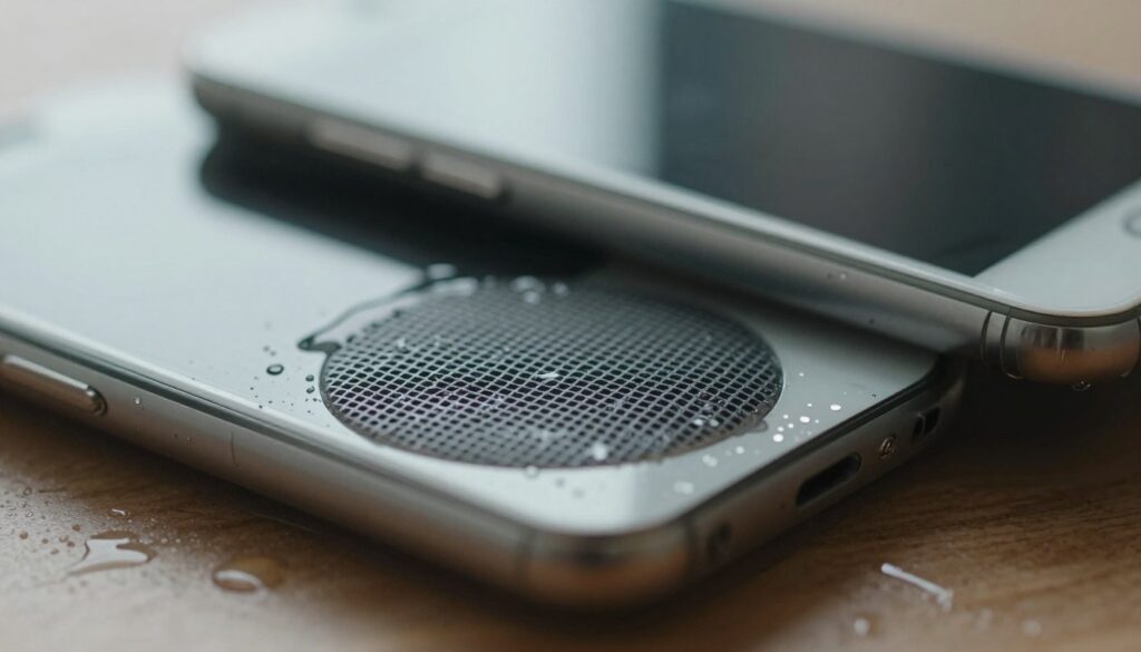 A damaged smartphone speaker immersed in water, showcasing droplets clinging to the speaker mesh, creating a sense of urgency and concern. In the foreground, a close-up of the speaker reveals intricate details like the mesh pattern and water pooling around it, highlighting the speaker's vulnerability. The middle background subtly features a partially submerged phone with visible waterlines, hinting at the liquid's level and the risk of damage. The overall lighting is soft and diffused, simulating a natural indoor environment with gentle reflections on the water surface. An air of tension and necessity fills the scene, urging viewers to consider solutions for water-damaged electronics.